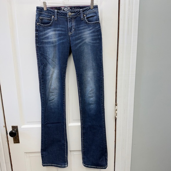 Rock 47 Wrangler Western Thick Stitch Bootcut Denim Jeans Women's 3 4 Long Tall - Picture 2 of 9